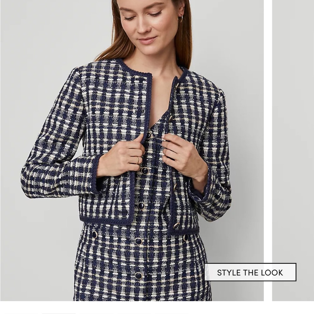 Ann Taylor Tweed Patch Pocket Jacket Navy White